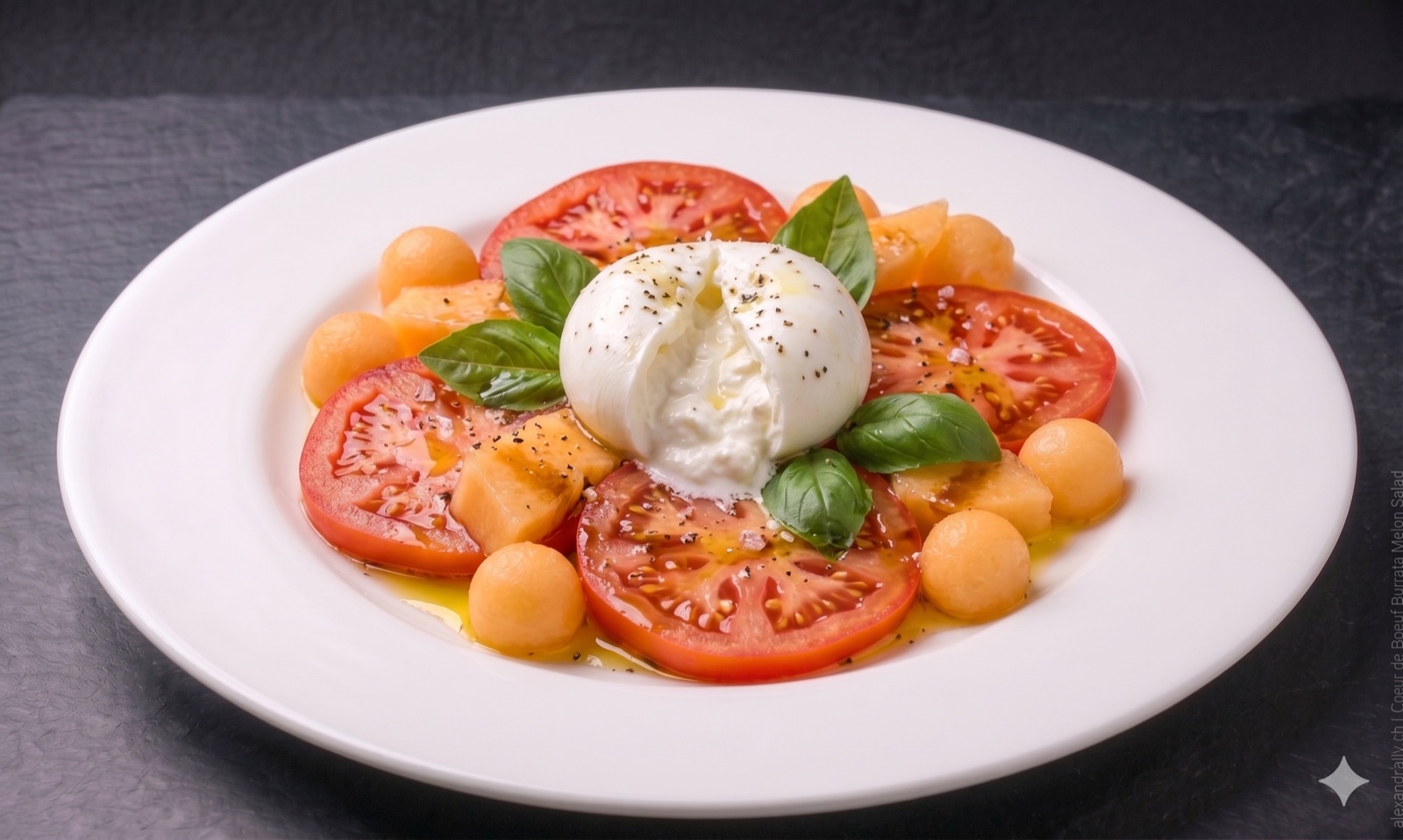 Salada de Coeur de Bœuf, Burrata e Charentais