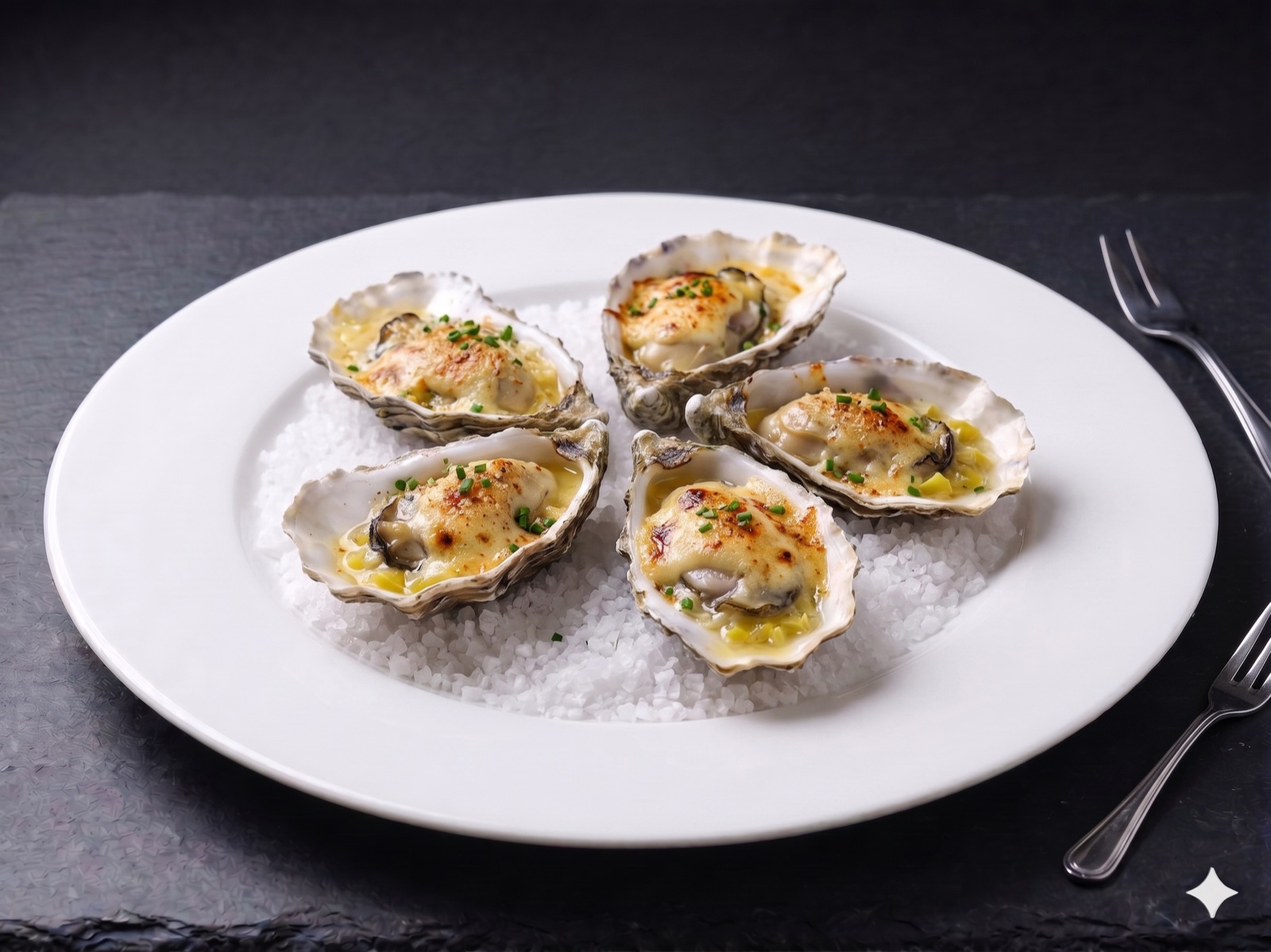 Oysters Gratinéed on a Leek Fondue with Champagne Sabayon